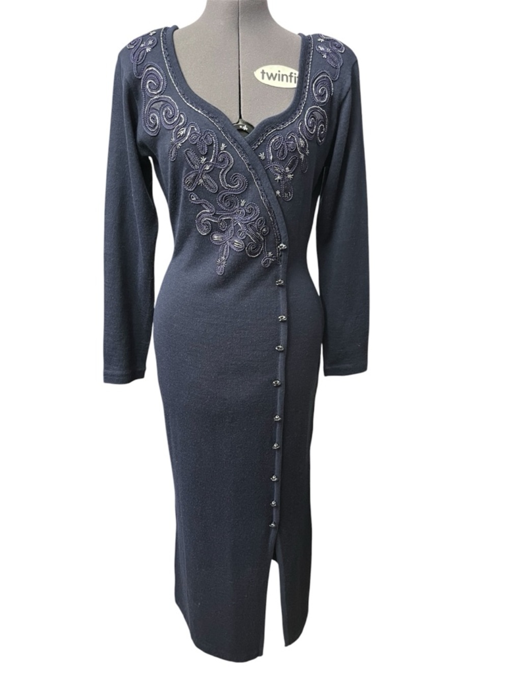 Vintage Carole Little Navy Embroidered Beaded Dress